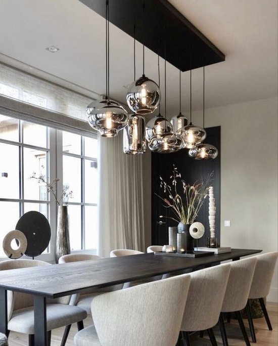 Hanglamp Aura Zwart 7 Lichts Rechthoekig Smoke Gla