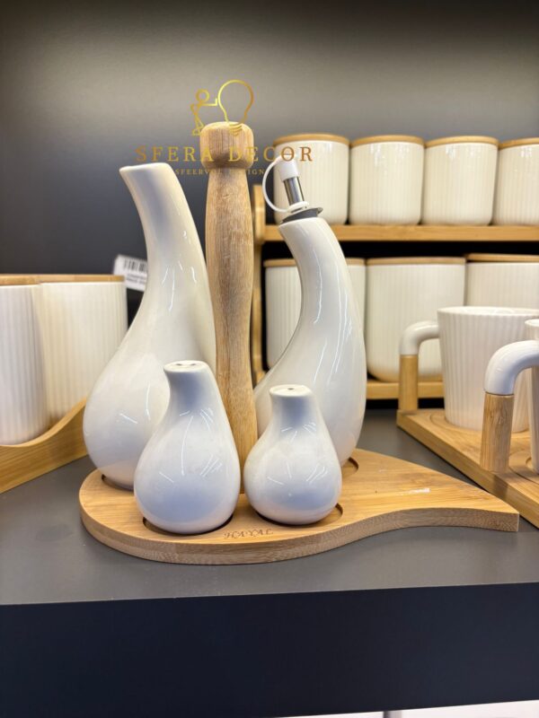 SferaDecor Luxe Keukenset Olijfolie Azijn Zout Peper Keramiek met Bamboe Plateau