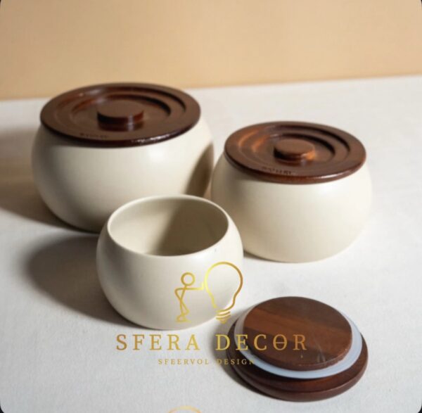 Terra bewaarpotten set | 3-delig keramiek met acaciahouten deksels